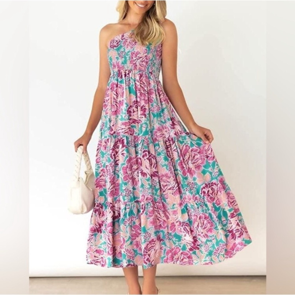 Anrabess One Shoulder Smocked Floral Ruffle Midi Maxi Dress Size Large Pink Blue